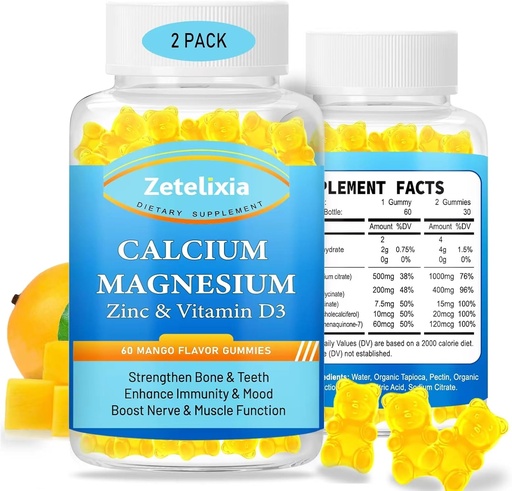[BRSROBQEAUAR42T4] Calcium Magnesium Zinc Gummies for Adults & Kids,1000mg Sugar Free Calcium Citrate Supplement,High Absorption Magnesium Glycinate Gummies with Vitamin D3 & K2 - Bone & Muscle & Immune Health (2 Pack)
