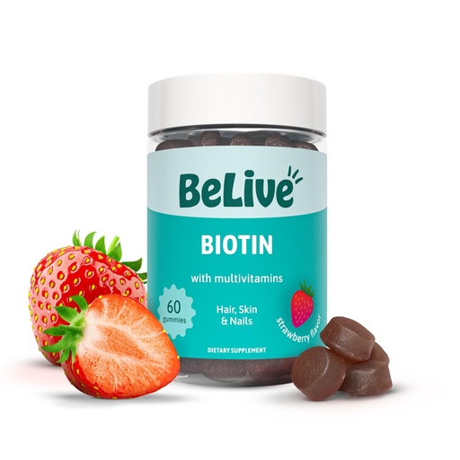 [BRSWGFA6AF6GMADK] BeLive Biotin Gummies with MultiVitamins, Folate, Inositol – Supports Hair Growth, Healthy Skin & Nails – Vegan, Pectin Based – Strawberry Flavor (1)