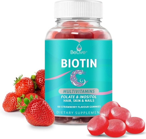 [BRSWGFA6AF6GMADK] Belive Biotin Gummies με MultiVitamins, Folate, Ινοσιτόλη – Υποστηρίζει την ανάπτυξη των μαλλιών, υγιές δέρμα & νύχια – Vegan, Pectin Based – Flavor Φράουλα (1)