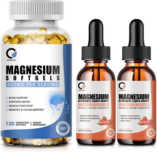 [BRSRAGL2OAPBEE36] Magnesium Glycinate Drops & Magnesium Glycinate 400mg Softgels for Men & Women, Support Energy, Night, Muscle & Joint Function, Non-GMO, Vegan