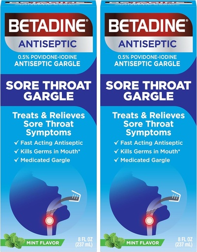 [BRSROAYNOQHGECTZ] Betadine Sore Throat Relief Gargle, Mint Flavor, Fast Acting Antiseptic, Povidone-Iodine 0.5%, 8 oz (Pack of 2)