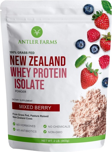 [BRSWYBT6DJ5WODTZ] Antler Farms - 100% Grass Fed New Zealand Whey Protein Isolate, Mixed Berry Flavor, 30 Servings, 2 lbs - Delicious, Cold Processed, Rapidly Absorbed, Keto Friendly, NO-Hormones, NO-GMOs