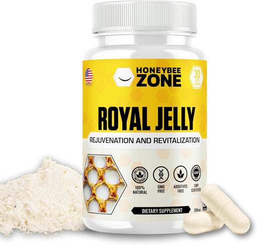 [BRSRAFQBDMFWMAL3] Royal Jelly Capsules – 500 mg Energy, Glowing Skin and Brain Booster Supplement | Non-GMO, Gluten-Free, 60 Easy-to-Swallow Veggie Capsules