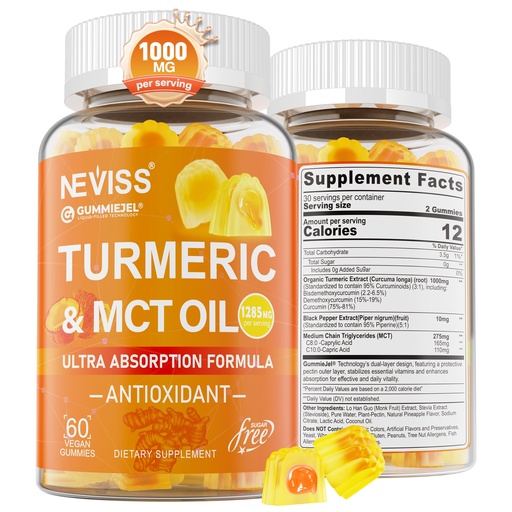 [BRSRO2YYBMHBMDTG] Turmeric Gummies 1000mg w/MCT Oil C8 C10, Organic Antioxidant, Turmeric Curcumin Supplement with Black Pepper Extract, Support Comfort, Boost Energy, Ultra Absorption, Sugar Free, 60 Cts