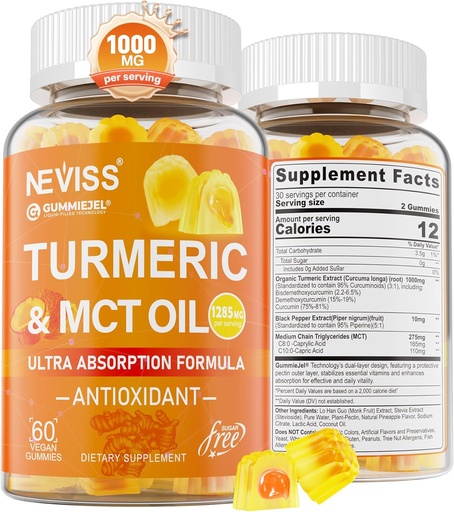[BRSRO2YYBMHBMDTG] Turmeric Gummies 1000mg w/MCT Oil C8 C10, Organic Antioxidant, Turmeric Curcumin Supplement with Black Pepper Extract, Support Comfort, Boost Energy, Ultra Absorption, Sugar Free, 60 Cts