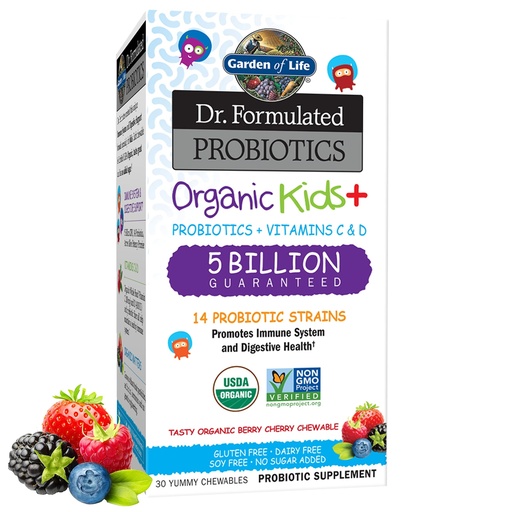 [BRSWKYQEPIGQAYDO] Garden of Life Dr. Formulated Probiotics Organic Kids+ - Digestive Health Support with Prebiotic Fiber & Vitamins C & D - Supports Immune Function - Berry Cherry, 30 Yummy Chewables