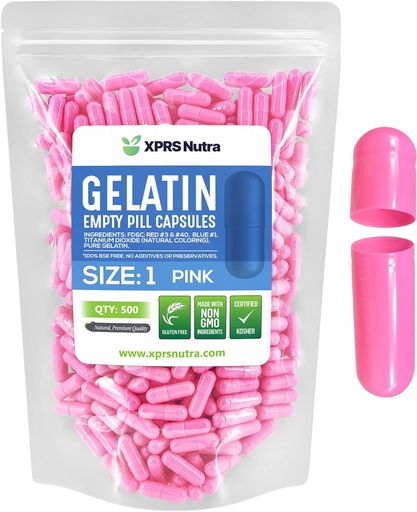 [BRSWY234OYCQMCQU] XPRS Nutra Size 1 Empty Capsules - 500 Count Empty Gelatin Capsules - Pill DIY Capsule Filling - Pure Bovine Pill Gel Caps for Do-It-Yourself Supplements (Pink)