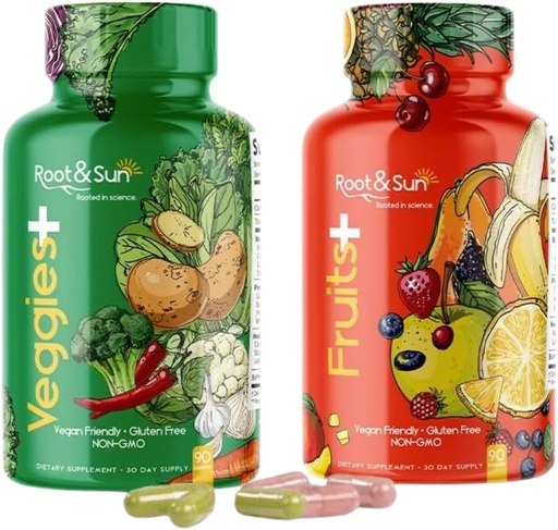 [BRSRMCAHB4NRE3AV] Root and Sun Fruits and Veggies Supplement - Packed with Natural Whole Superfoods - Vegan - Non-GMO - 100% Soy Free - 90 Count (2 Pack)