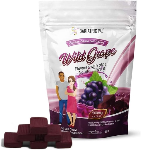 [BRSWYGQDCEPRMF3U] BariatricPal Sugar-Free Calcium Citrate Soft Chews ) 500mg with Vitamin D &apos; Probiotics ) Wild Grape ) 90 count (1 Month Supply)