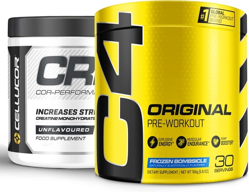 [BRSROAYZBMIQMG3G] Cellucor Pre Тренировка & Creatine Bundle, C4 Original Pre Тренировка прах, Замразени Bombsicle, 30 Сервизи + Cor Performance Creatine прах, 72 Сервиз