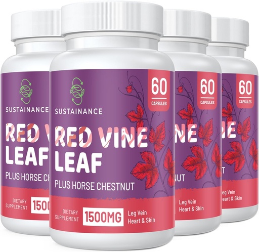 [BRSRO2YFB56BSELU] Red Vine Leaf Extract 1400mg & Horse Chestnut Extract 100mg Supplement for Leg, Vein, Circulation, Heart, Skin (60 Capsules - 4 Bottle)