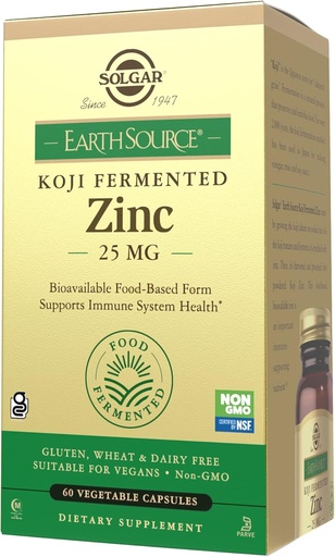 [BRSW2GABBEFBG3D2] Solgar Earth Source Food Fermented Koji Zinc 25mg, 60 Vegetable Capsules - Higher-Absorption, Bioavailable Zinc for Immune & Skin Health - Non-GMO, Vegan, Gluten No, Dairy No, Kosher - 60 Servings