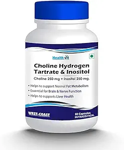 [BRSW2CALAEAWMD3U] Choline Hydrogen Tartrate 250mg & Inositol 250 Mg - 60 Capsules | Energy Metabolism, Liver Health, Essential for Brain & Nerve Function - Non-GMO, Vegan, Gluten Free, Dairy Free