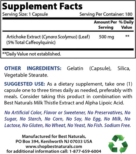 [BRSRMBIQDICR6F3G] Best Naturals Artichoke Extract 10000 mg & Magnesium Oxide 500 mg