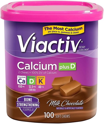[BRSWG233CMBAE3DA] Viactiv Max Formula Calcium +Vitamin D3 Supplement for Bone Health Milk Chocolate, 100 Soft Chews - 6 Pack