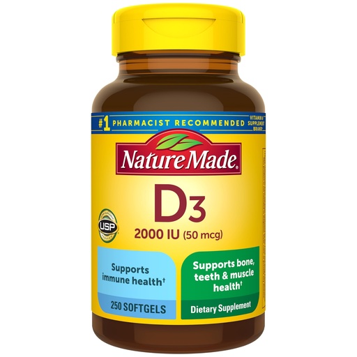 [BRSWICYECABAM336] Nature Made Vitamin D3 2000 IU (50 mcg), Dietary Supplement for Bone, Teeth, Muscle and Immune Health Support, 250 Softgels, 250 Day Supply