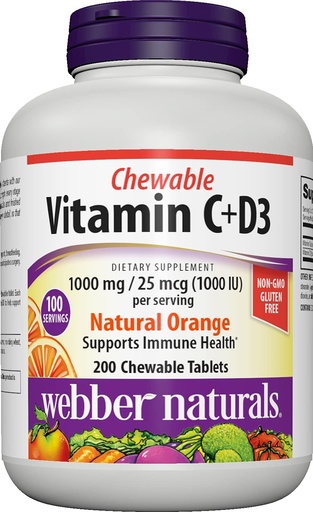 [BRSW2FI5PJ6Q2FIZ] Webber Naturals Vitamin C+D3, 200 Chewable Orange Tablets, 1000 mg of Vitamin C with 1000 IU of Vitamin D3 Per Serving, Bones, Teeth, Immune and Antioxidant Support, Non GMO, Dairy & Gluten Free