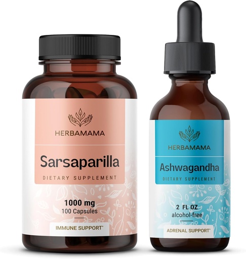 [BRSRAGAFDEMGYYLZ] HERBAMAMA Sarsaparilla and Ashwagandha Kit - Bundle of 1000 mg Sarsaparilla Root Capsules & Ashwagandha Root Tincture 2 fl oz - Vegan, Non-GMO, Sugar & Alcohol-Free - 2 Pack