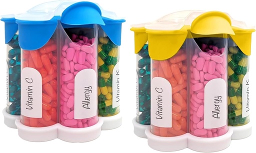 [BRSRAYAEAAPGAYLD] Extra Large Pill Organizer Daily, Weekly, Monthly Supplement Bottle, Cute Blossom Pill Dispenser with 7 XL Compartments (2 Pack Combo) (Light Blue and Yellow)