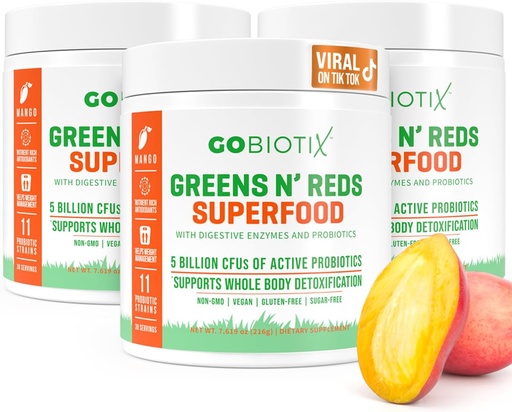 [BRSRMZAFOJ5WYDY2] GOBIOTIX Super Greens and Reds Powder - Red and Green Superfood - Probiotic Supplement - Digestive Enzymes and Beet Root Powder - Organic Whole Foods Dietary Supplement (Mango, 3 Pack)