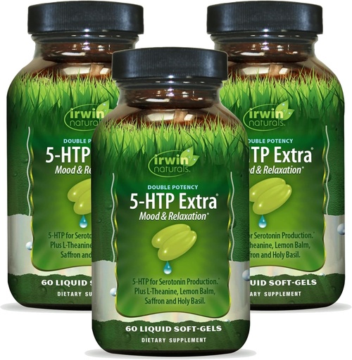 [BRSWGYY2OABAEETZ] Irwin Naturals Double Potency 5-HTP Extra - 60 Liquid Soft-Gels, pakkaus 3 - rentoutumista & serotoniinin tuotanto - 90 yhteensä