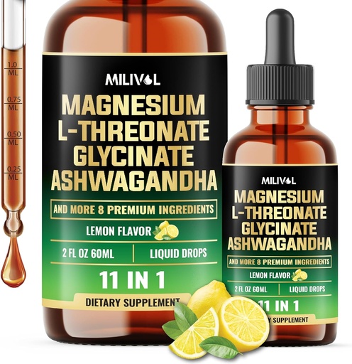 [BRSRAGINCUHBS3Q2] 10in1 Magnesium L-Threonate Liquid Drops with Magnesium Glycinate, Ashwagandha, Vitamin D3, C, B6 & 4 Other Ingredients - 2 Fl Oz - Lemon Flavor