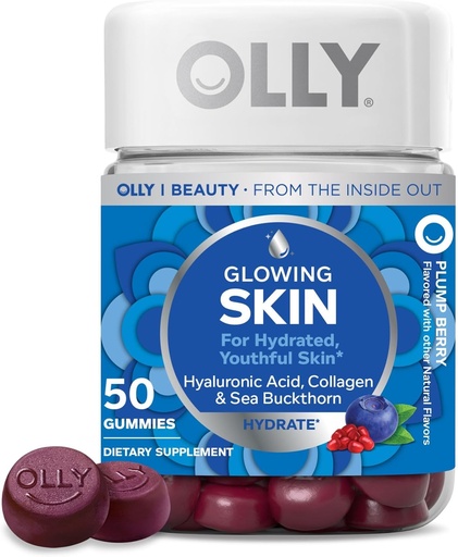 [BRSWKFD6CR4WOCLA] OLLY Glowing Skin Gummy, Hydrated " Youthful Skin,* Acid hialurónico, Peptides de Collagen, Buckthorn de mar, Plump Berry Flavor, 25 Day Supply - 50 Count