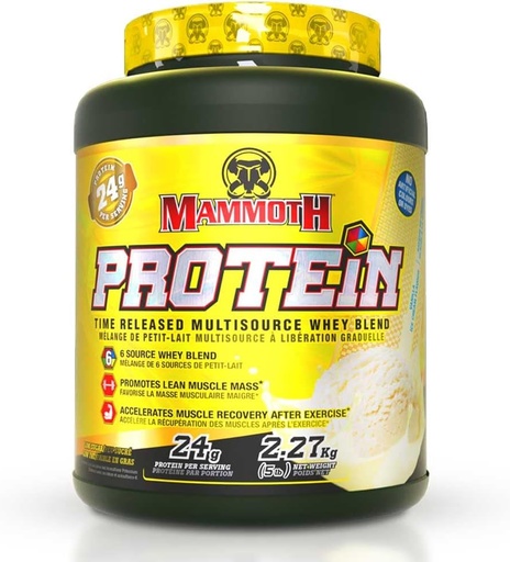 [BRSWYEILDN6AYGY7] MAMMOTH PROTEIN POWDER, HIGH PROTEIN SHAKE, SUPERIOR TIME-RELEASE FORMULA, WHEY PROTEIN CONCENTRATE & ISOLATE, HYDROLYZED WHEY & MILK PROTEIN ISOLATE, CASEIN, 6 BIOAVAILABLE DAIRY PROTEIN SOURCES, LOW SUGAR, Vanila, 5 LB