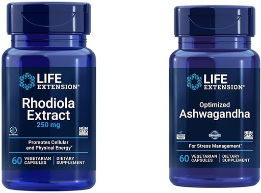 [BRSRAY33OYOREGTJ] Levensverlenging Rhodiola en Ashwagandha Extract Bundle, Rhodiola rosea en ashwagandha Supplementen, 60 Capsules Elke