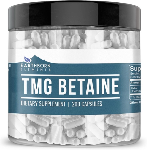 [BRSWYZ35OZ6Q4A3D] Earthborn Elements TMG Betaine Bezūdens Trimetilglicīns 200 Kapsulas, tīras un neatšķaidītas, bez piedevām