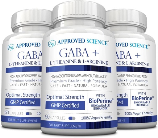 [BRSRMBATCUHRUDLF] Approved Science GABA+ - Promote Calm, Improve Sleep, Boost Mood - GABA, L-Theanine, L-Arginine, Vitamin B6, BioPerine - High Absorption - 180 Capsules - Vegan