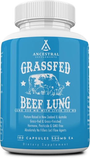 [BRSWGFTYAAOR4ELO] Ancestral supplements Grass Fed Beef Lung supplement with Liver, 500mg, Lung and Liver supplement Supports Lung, Respiratory, Vascular, and Circulatory Health, Non-GMO, 180 Capsules