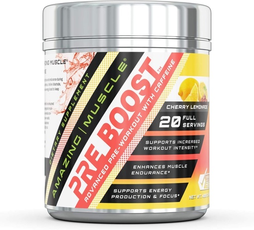 [BRSWG2QEDMMAGETP] Amazing Muscle Pre-Boost Pre Workout Formula with Caffeine | 422 G Per Container | 20 Servings | Cherry Lemonade Flavor