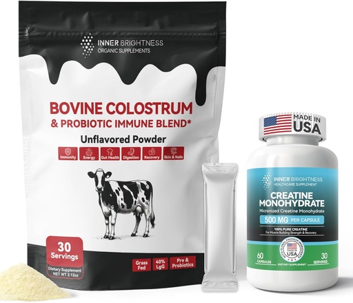[BRSRAHT4CJ7QIHI6] Colostrum Supplement Powder for Gut, Immune Health & Nutrient Absorption, 30 Servings + Creatine Monohydrate Capsules for Muscle Builder