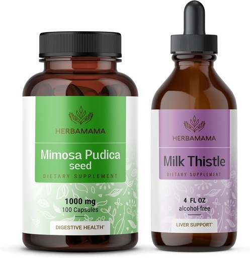 [BRSRAGAYDF5QY3Y6] HERBAMAMA Mimosa Pudica och mjölk Thistle Kit - Bundle på 1000 mg Mimosa Pudica Capsules & Milk Thistle Tincture 4 fl oz - Vegan, Non-GMO, Sugar & Alkoholfri - 2 Pack
