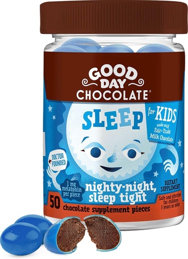 [BRSWGEI5CFYBEC32] Good Day Chocolate Melatonin for Kids [50 Count] - Fair Trade Non-GMO Chocolate with Chamomile and Melatonin 1 mg - Toddler Melatonin, Kids Natural Sleep Aid for Ages 3 and Up