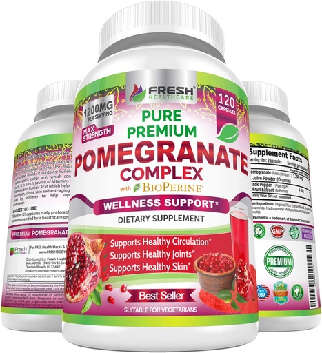 [BRSWGCYHBUPBAYL5] Premium Pomegranate Juice Powder Supplement 1200mg, Supports Healthy Blood Pressure, Joints, Skin & Anti Aging with Bioperine Black Pepper, Powerful Antioxidant with Vitamin C & K, 120 Vegan Capsules
