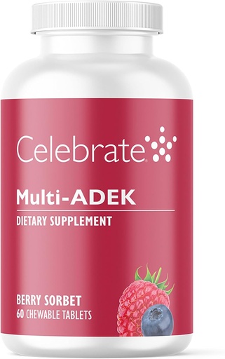 [BRSWKH3YOQOAIG3J] Celebrere Vitamin Multi ADEK Chewables, Iron Free - Daily Bariatric Multivitamin, Højt niveau af Vitamin A, D, E, K & B12 for Duodenal Switch Kirurgi Patienter - Berry Sorbert (60 tabletter)