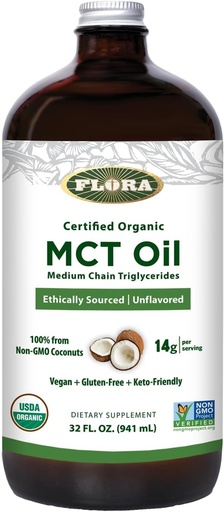 [BRSRAYY2AAFAOET4] Flora - MCT Oil Certified Organic - Supports Muscle Energy & Brain Health - Contains C8 Caprylic Acid " C10 Capric Acid - Non-GMO, Gluten-Free, Vegan " Keto-Friendly - 32 fl. oz. Botella de vidrio