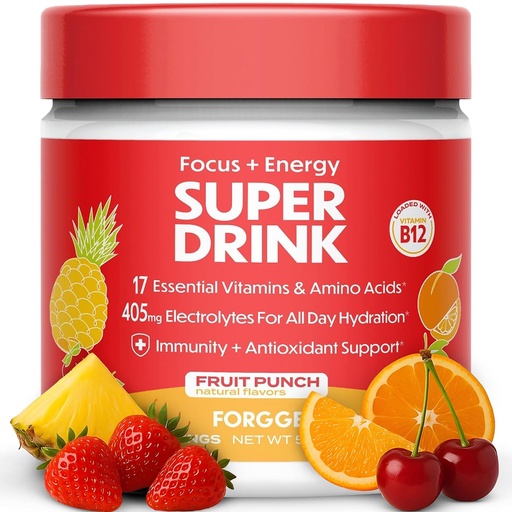 [BRSRO2QDDIHGM33O] Forgge Healthy Energy Drink Powder Mix - Clean Cafeïne + B12, B6, C & D Vitamines - Suikervrij Energie Drinkpoeder met Elektrolyten, Aminozuren, Antioxidanten, Lions Mane - Vegan, Keto-Friendly - 30 SVG, Fruit Punch