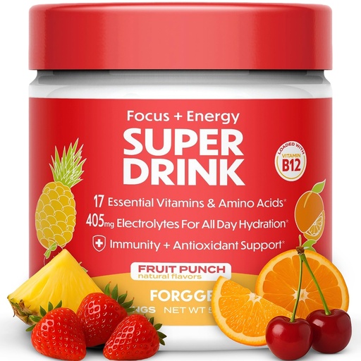 [BRSRO2QDDIHGM33O] Forgge Healthy Energy Drink Powder Mix - Clean Caffeine + B12, B6, C & D Vitamins - Sugar Free Energy Drink Powder with Electrolytes, Amino Acids, Antioxidants, Lions Mane - Vegan, Keto-Friendly - 30 SVG, Fruit Punch