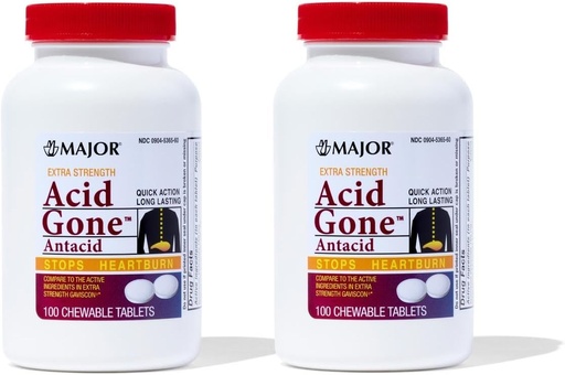 [BRSWKEY7BABQ2HL2] Major Acid Gone Extra Strength Antacid Chewable Tablets - Anti-Acid Relief - Acid Reflux Medicine for Adults - Upset Stomach, Acid Indigestion, and Heartburn Relief - Long-Lasting - 100-Count (2 Pack)