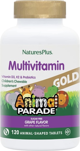 [BRSWIZ34OAMRKELY] Natures Plus Animal Parade Gold Children's Multivitamin, Grape Flavor - 120 Chewable Animal Shaped Tablets - Vegan, Gluten Free - 60 Servings