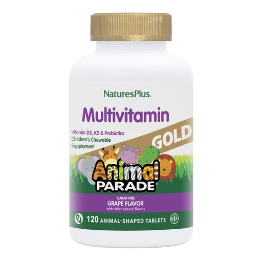 [BRSWIZ34OAMRKELY] NaturesPlus Animal Parade Gold Children's Multivitamin, Grape Flavor - 120 Chewable Animal Shaped Tablets - Vegan, Gluten Free - 60 Servings