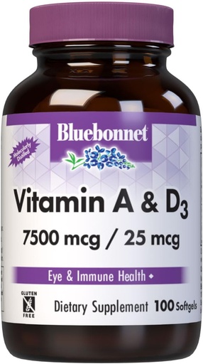 [BRSWIYQZBQPBQF3G] Bluebonnet Nutrition Vitamin A &apos; D3 25,000 IU/1,000 from Deep Sea, Cold Water, Fish Oil - for Eye Health &apos; Immune Function* - Gluten Free - Dairy Free - Molecularly Distilled - 100 Softgel/Servings