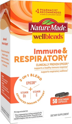 [BRSW2AI3OUFBQ3Y6] Nature Made Wellblends Immune & Respiratory, EpiCor Postbiotic, Vitamin C, Vitamin D3, Advanced Immune Support Supplement, 50 Vegetarian Capsules
