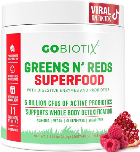 [BRSWYBAQCQJRYYL3] GOBIOTIX Super Greens and Reds Powder - Red and Green Superfood - Probiotic Supplement - 소화 효소 및 베트 루트 분말 - 유기 전체 식품 다이어트 보충 (Pom Raspberry, 1 Pack)