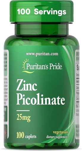 [BRSWIZDZDJ7R2H34] Puritan 's Pride Zinc Picolinate Zinc 25mg dengan Calcium dan Phosfor, Vegetarian Dietary Supplement for Immune System, Energy Metabolisme, Divisi Sel dan Growth Dukungan, 100 Caplets