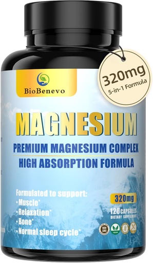 [BRSRAZL6C57BGDQY] 5-in-1 Magnesium Complex | 320mg of Magnesium Glycinate, Malate, Citrate… | Support for Sleep, Muscle Relaxation, and Energy Metabolism | High Absorption | Vegan, Non-GMO | 120 Capsules
