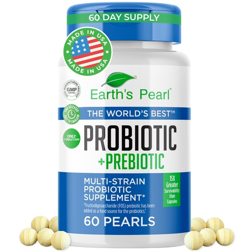 [BRSWIHDYAR4GGHTK] Earth's Pearl Probiotics for Women & Men & Kids - Pearl-Shaped Probiotic & Prebiotics with BIO-Tract®, 4 Billion CFU, Gut Health Support (60-Day Supply)
